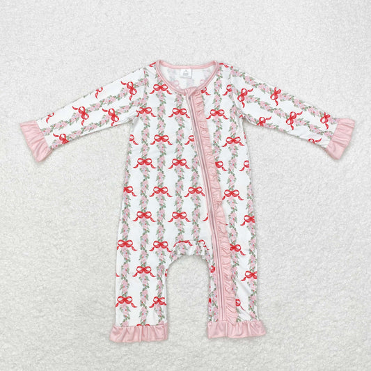 LR1517 Baby girls pink bows zipper romper