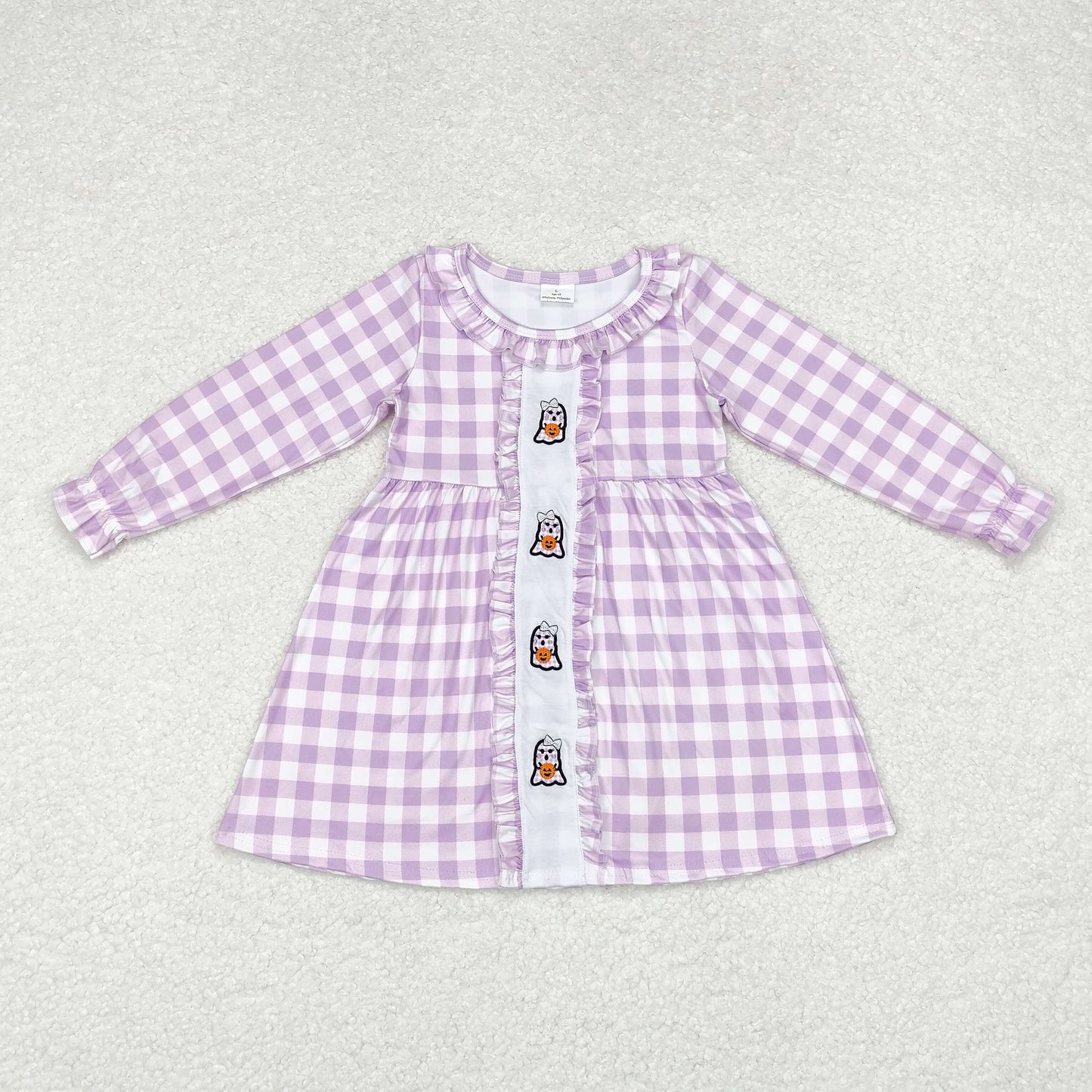 GLD0626 long sleeve Halloween ghost purple plaid girls dress embroidery