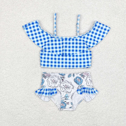 S0254 Girls blue Floral Bathing Suit 2pcs