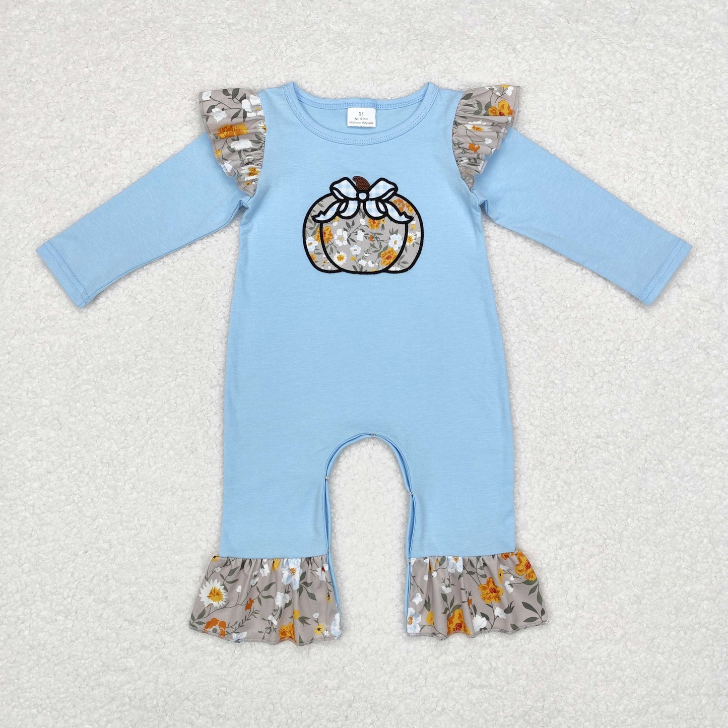 LR1529 long sleeve Halloween floral pumpkin blue romper embroidery