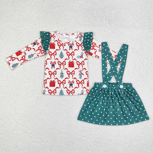 GLD0617 long sleeve Christmas bow +green dot skirt outfits