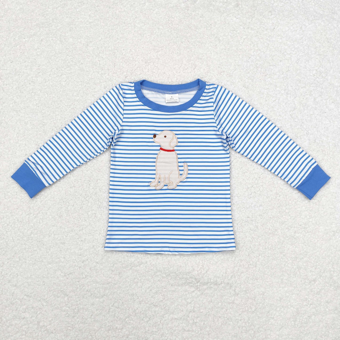 BT0808 Boys dog blue stripe long sleeves Top embroidery