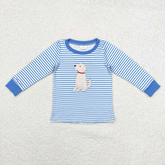 BT0808 Boys dog blue stripe long sleeves Top embroidery