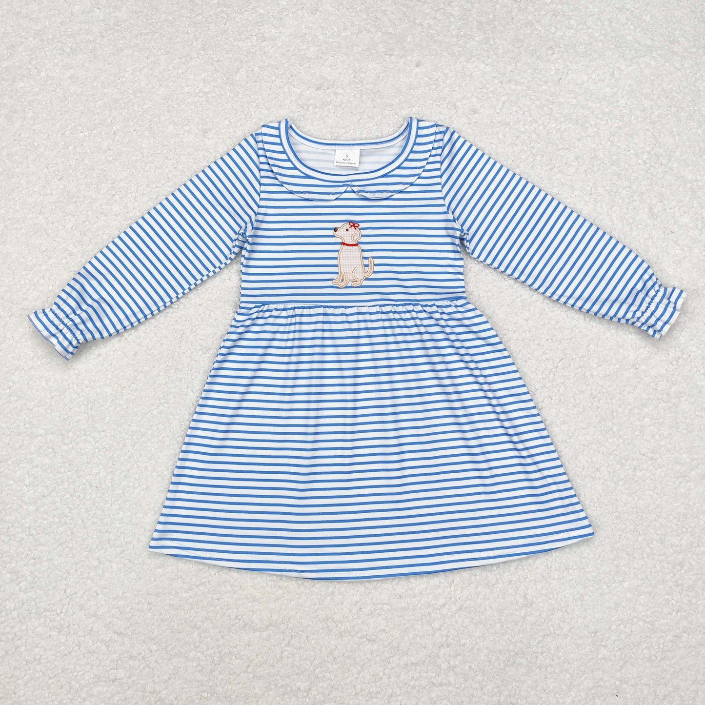 GLD0701 Girls dog blue stripe Dress Embroidery