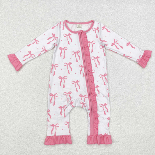 LR1584 Baby girls pink bows zipper romper