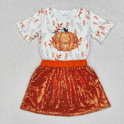 GSD1399 short sleeve pumpkin outfits sequin skirt embroidery