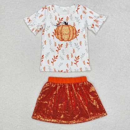 GSD1399 short sleeve pumpkin outfits sequin skirt embroidery