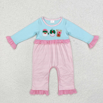 LR1476 long sleeves Christmas Santa blue pink striped romper embroidery