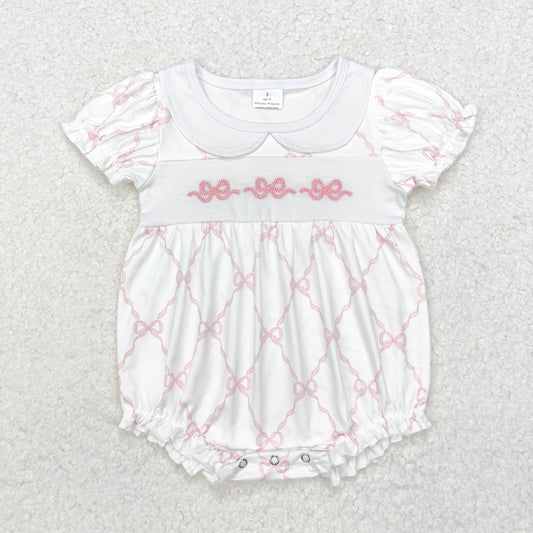 SR1967 Baby girls pink bows romper embroidery