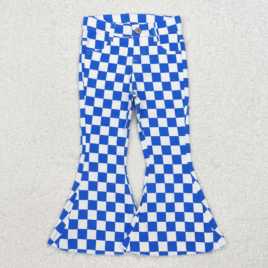 P0610 Girls blue checked bell bottom Jeans