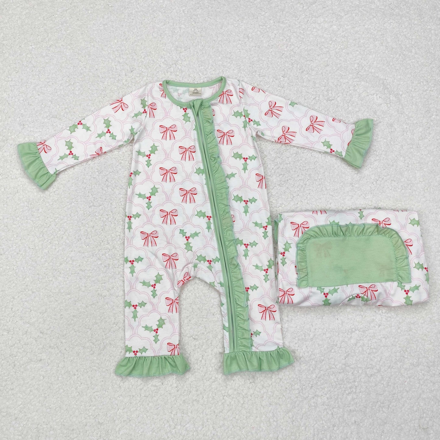 LR1344 Baby girls Christmas green zipper romper