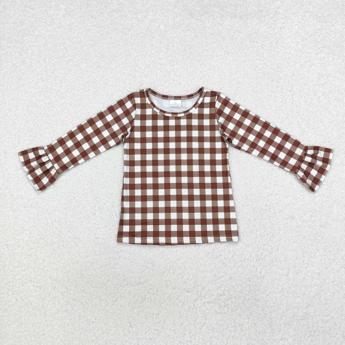 GT0738 baby girls brown plaid long sleeves Top