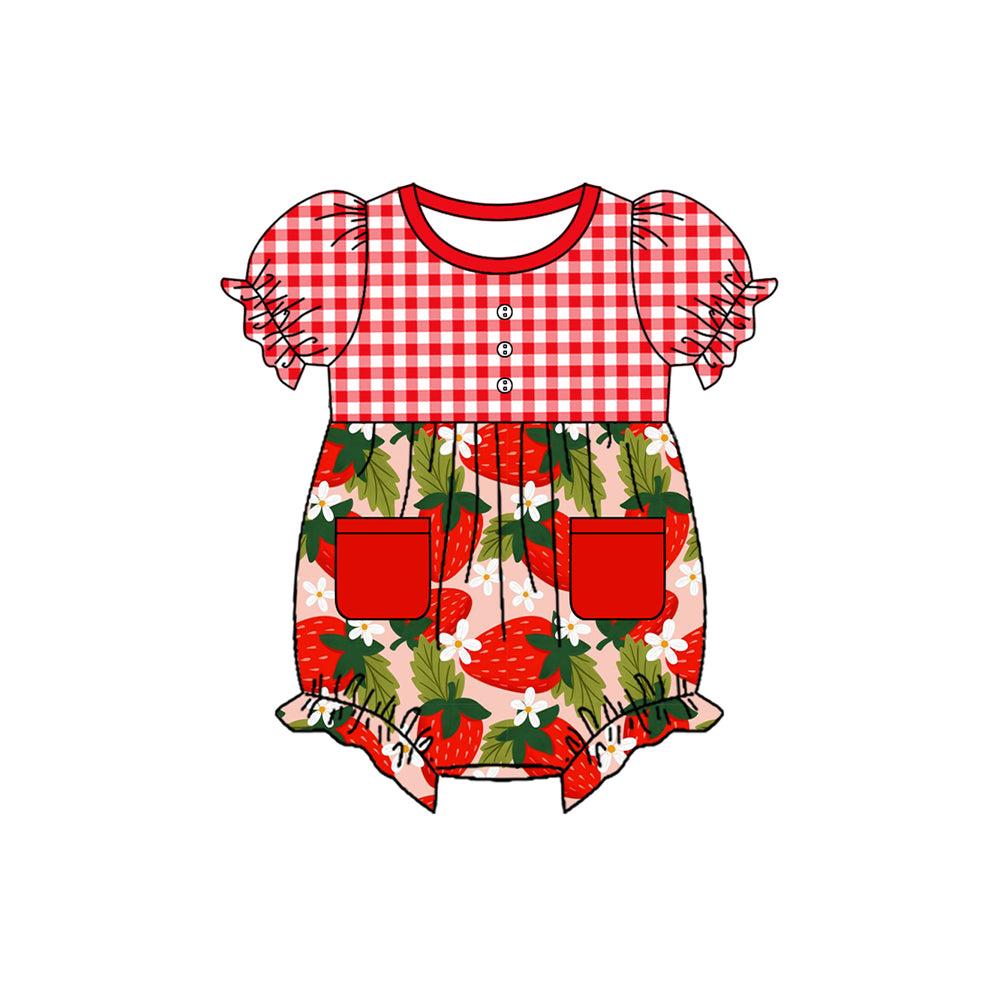 Pre-ordre SR2307 Baby Girls puff sleeve plaid Strawberry pocket romper（Deadline Dec.11）