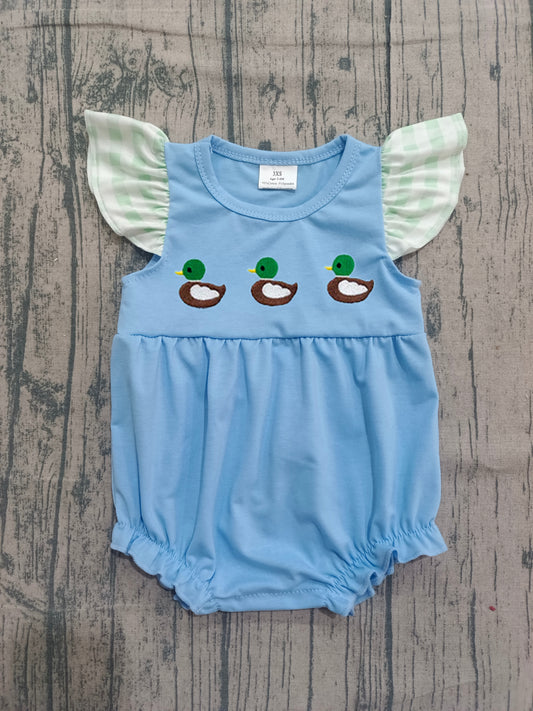 Pre-order SR3266 baby girls duck green flying sleeve blue romper embroidery