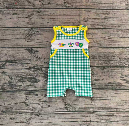 Pre-order SR3312 baby boys Mardi Gras green checkered sleeveless romper smocked