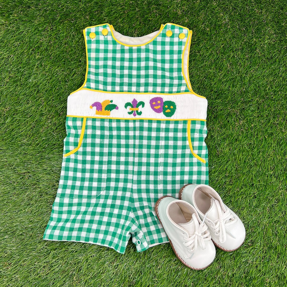 Pre-order SR3312 baby boys Mardi Gras green checkered sleeveless romper smocked