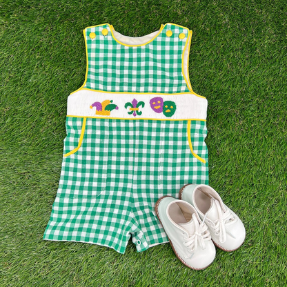 Pre-order SR3312 baby boys Mardi Gras green checkered sleeveless romper smocked