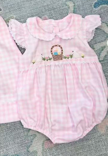 10.13 Pre-order SR3314 baby girls Easter bunny stripe pink checkered flying sleeves romper