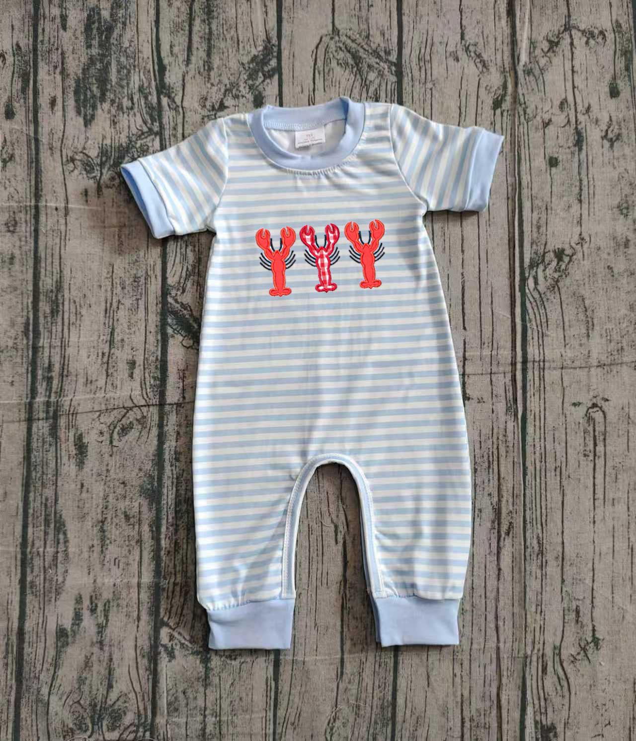 Pre-order SR3333 baby boys Lobster blue stripe short sleeves romper embroidery