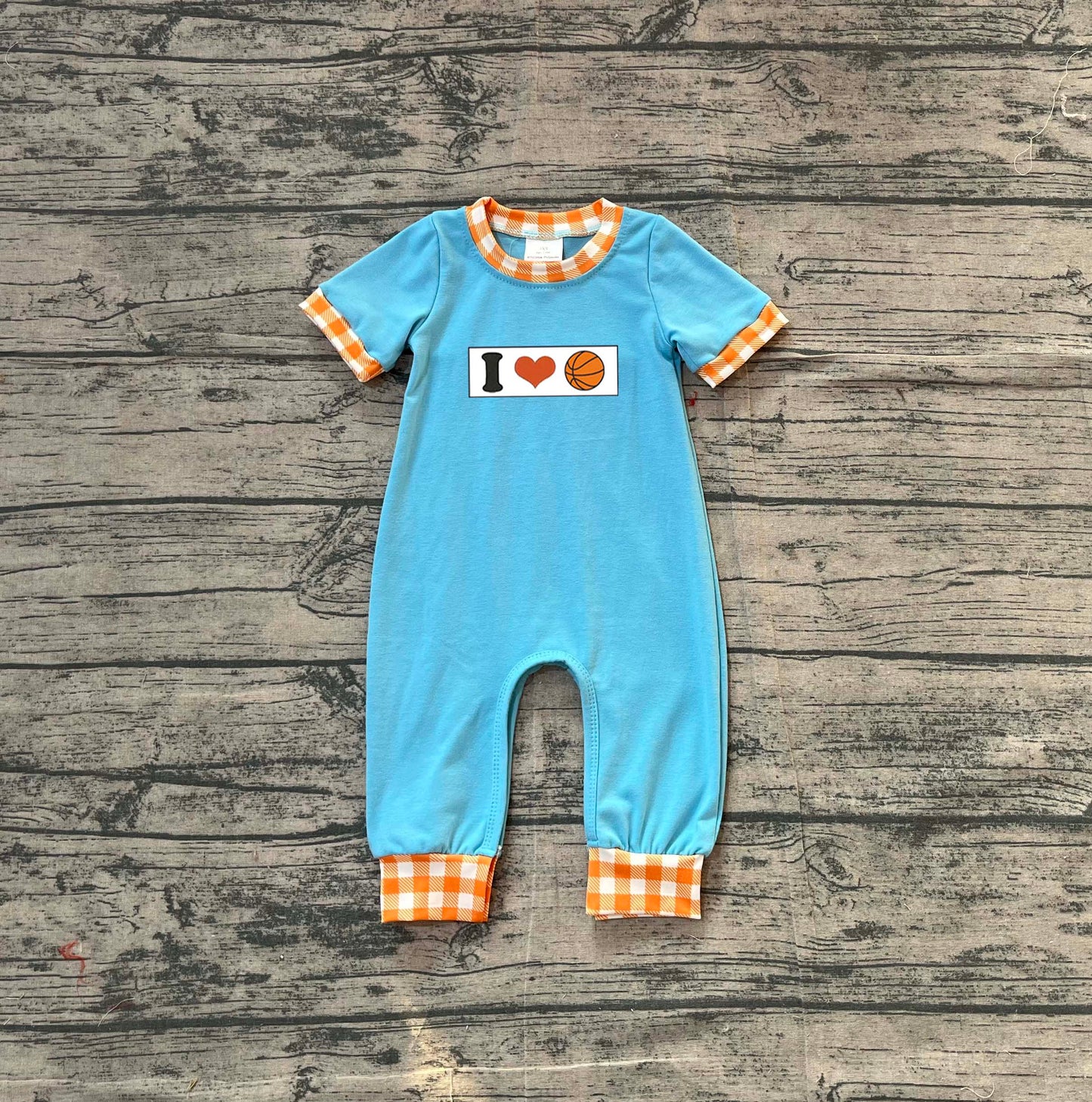 Pre-order SR3366 baby boys I LOVE Basketball short sleeve blue romper embroidery