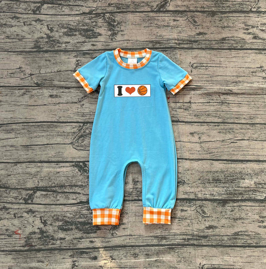Pre-order SR3366 baby boys I LOVE Basketball short sleeve blue romper embroidery