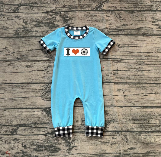 Pre-order SR3369 baby boys I LOVE Soccer short sleeve blue romper embroidery