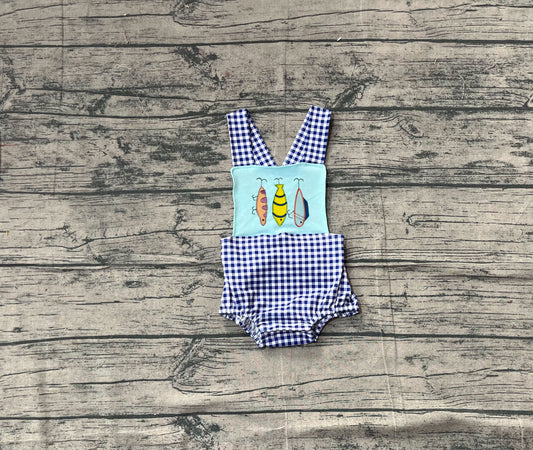 Pre-order SR3413 baby boys fish blue checkered romper embroidery