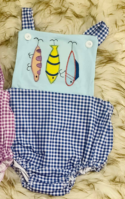 SR3413 baby boys fish blue checkered romper embroidery