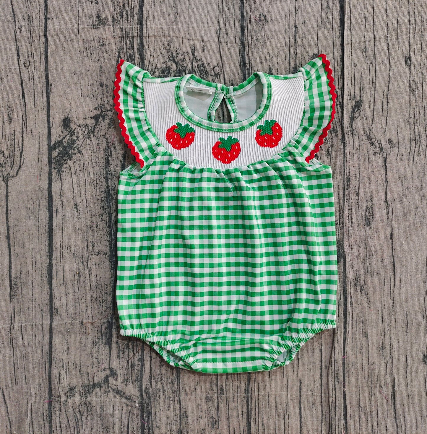 Pre-order SR3550 baby girls strawberry green checkered flying sleeve romper smocked
