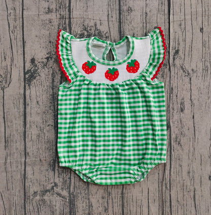 Pre-order SR3550 baby girls strawberry green checkered flying sleeve romper smocked