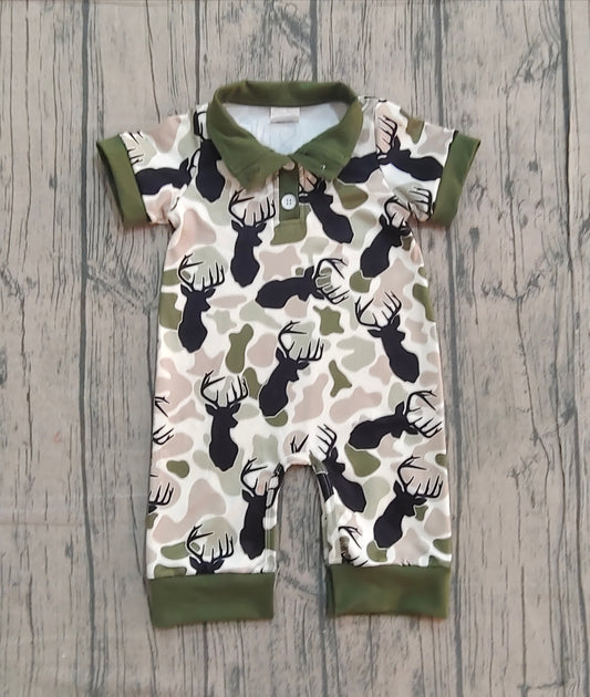 Pre-order SR3636 baby boys camo deer button green short sleeve romper