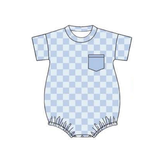 12.2 Pre-order SR3732 baby girls blue checkered pocket short sleeves romper