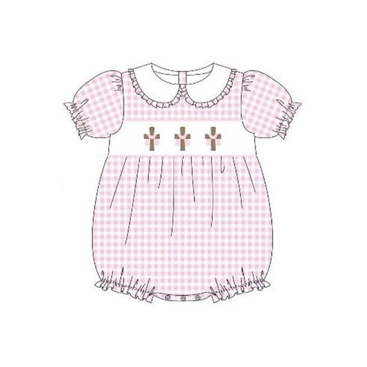 12.5 Pre-order SR3756 baby girls Easter crossing doll pink checkered puff sleeves romper