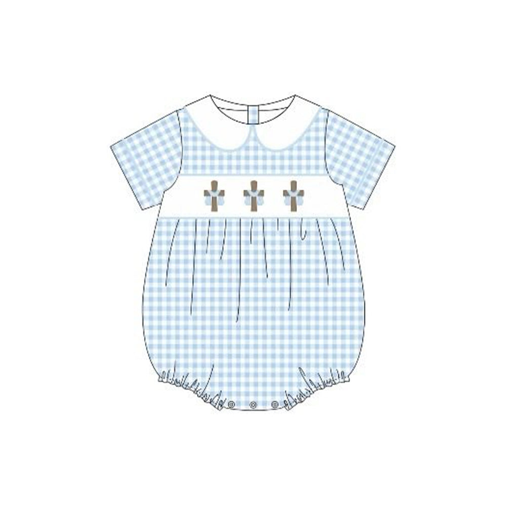 12.5 Pre-order SR3757 baby girls Easter crossing doll blue checkered short sleeves romper