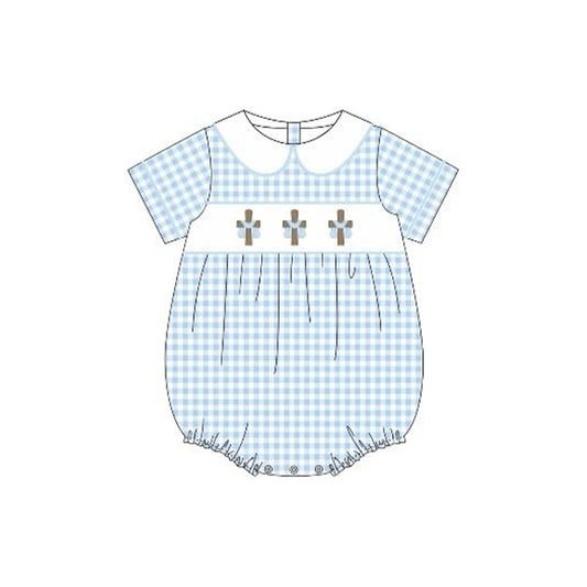 12.5 Pre-order SR3757 baby girls Easter crossing doll blue checkered short sleeves romper