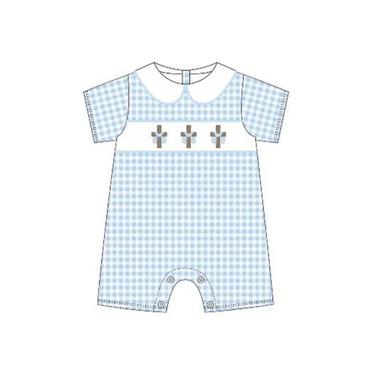 12.5 Pre-order SR3758 baby girls Easter crossing doll blue checkered short sleeves romper