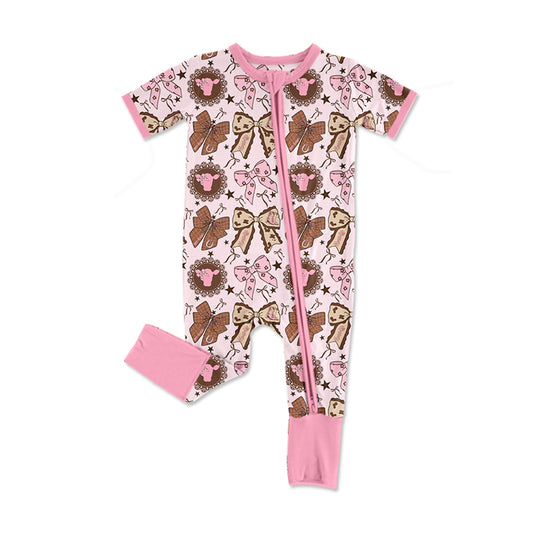 12.5 Pre-order SR3763 baby girls bow cow pink short sleeves zipper romper