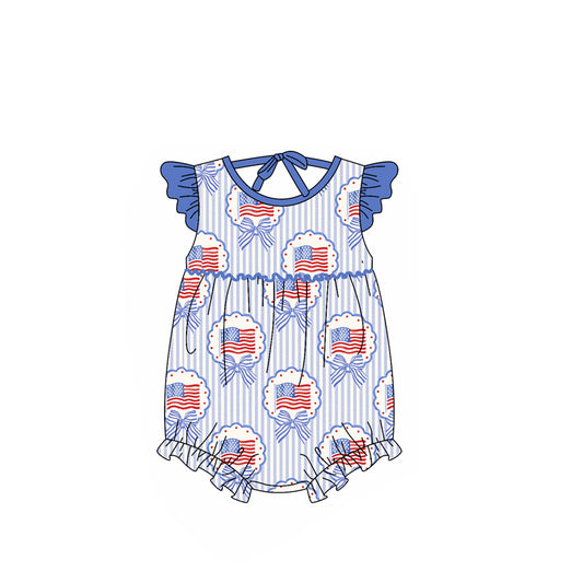 1.24 Pre-order SR4029 baby girls July Fourth flage blue stripe flying sleeve romper