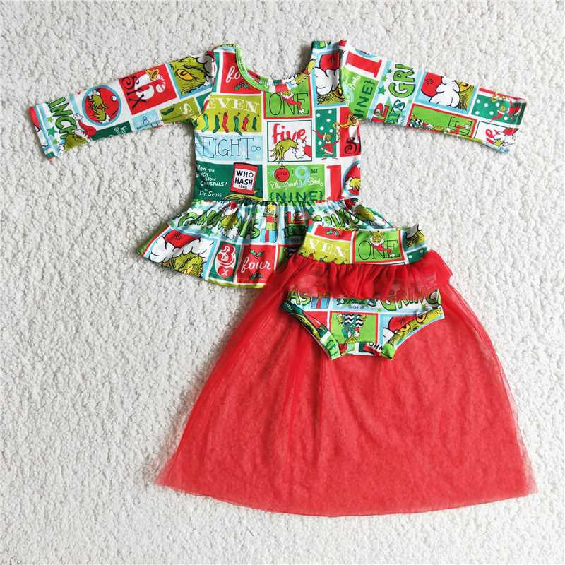 Girls Long Sleeves Christmas Bummies Set Tulle Skirt