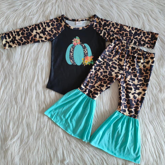 Baby Girls Halloween Pumpkin Outfits Long Sleeves Bell Bottom Pants Leopard Clothing