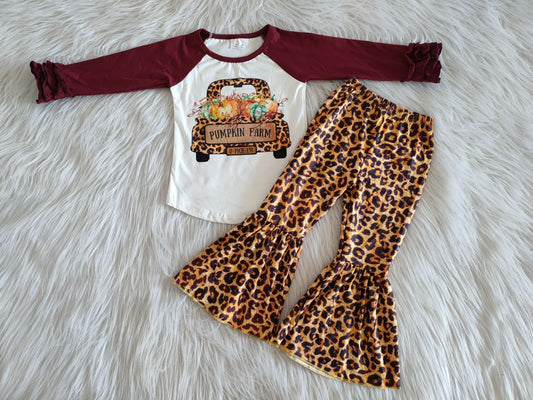 Baby Girls Pumpkin Farm Truck Outfits Long Sleeves Leopard Bell Bottom Pants Clothing