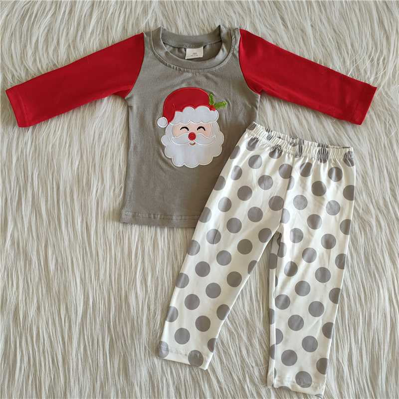 Boys Embroidery Christmas Santa Pajamas Long Sleeves Polka Dot Pants