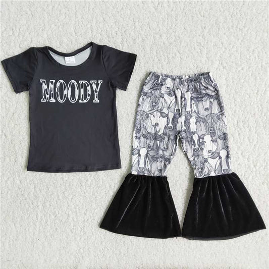 Girls Moody Outfits Short Sleeves Bell Bottom Black Pants