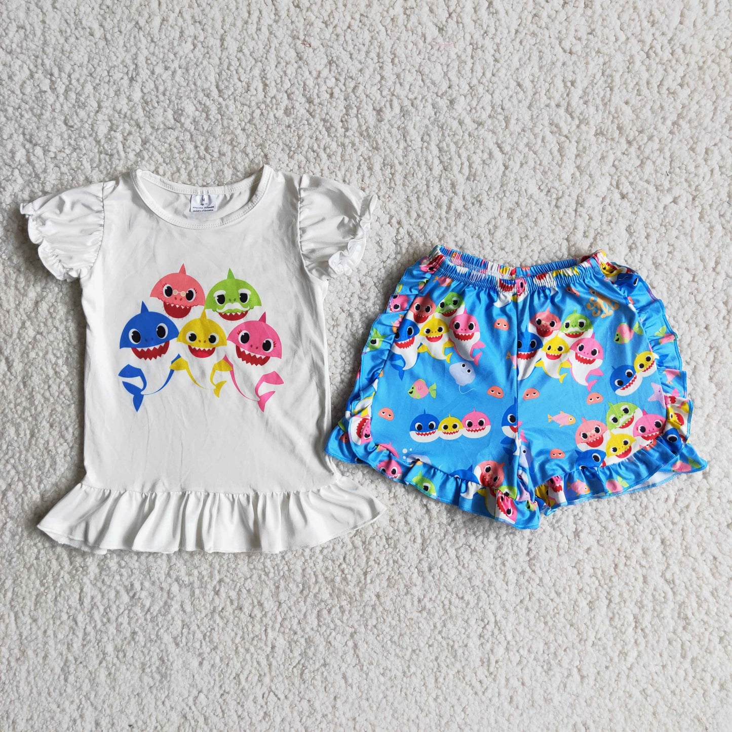 Girls Summer Shark Outfits Short Sleeves Blue Shorts