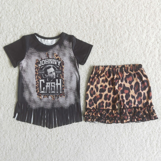 Girls Black Tassels Outfits Short Sleeves Leopard Shorts