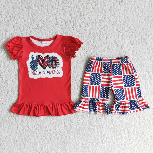 Girls Peace Love America Outfits Short Sleeves Red Blue Shorts