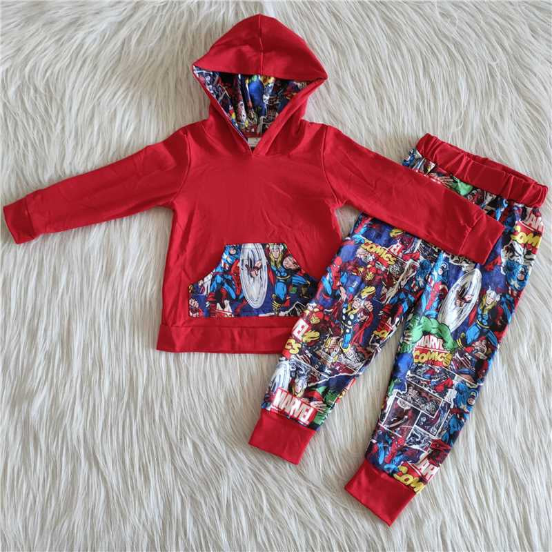 Boys Cartoon Outfits Long Sleeves Hoodies Joggers Red