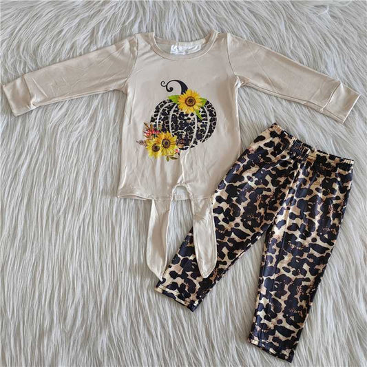 Girls Pumpkin Outfits Long Sleeves Leopard Pants Sunflowers