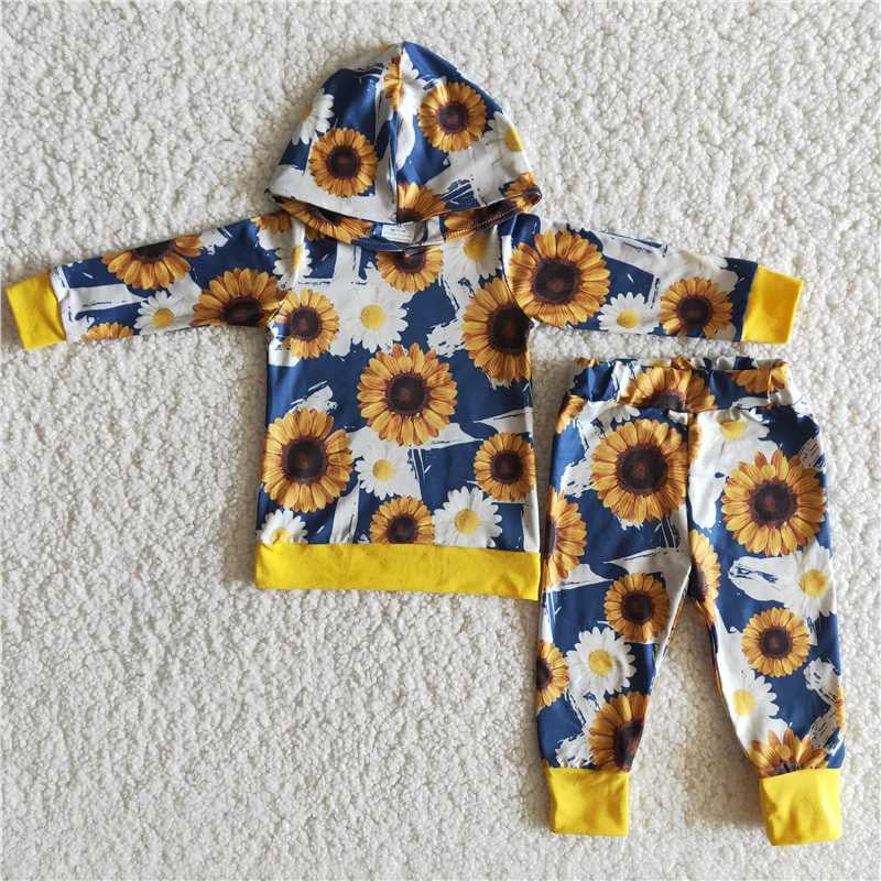 Boys Sunflowers Outfits Long Sleeves Hoodies Joggers Yellow