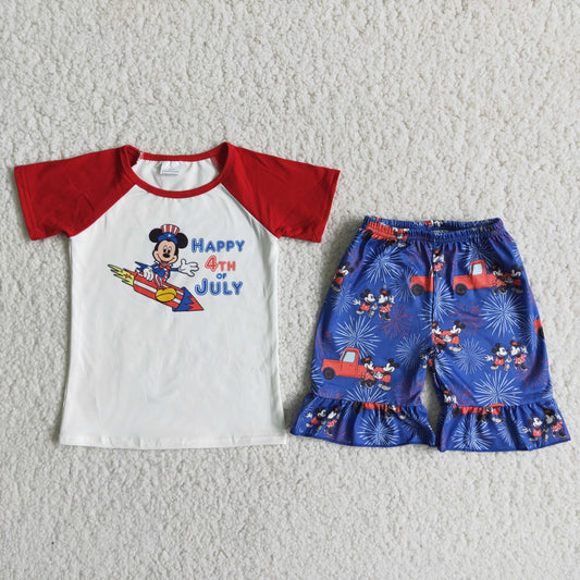 Girls Happy 4th Of July Outfits Short Sleeves Blue Shorts